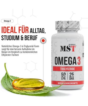 MST Omega 3 triglyceride 75 high dose 1000 mg fish oil per capsule 750 mg omega 3 fatty acids EPA + DHA better bioavailability pure & laboratory tested 180 capsules - Buy Online on GoSupps.com