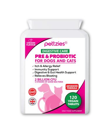 PETTZIES Probiotics For Dogs and Cats - 120 Tablets - Diarrhoea Bad Breath Itchy Skin and Yeast Infection Treatment - Digestive Enzymes for Sensitive Digestion - Canine Prebiotic Dietary Supplements. Pre & Probiotics for Dogs & Cats 120 Tablets