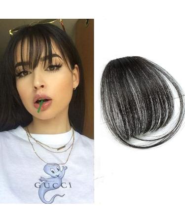 Clip in Air Bangs Remy Human Hair Extensions One Piece Front Neat Air Fringe Hand Tied Straight Flat Bangs Clip on Hairpiece for Women (Black)