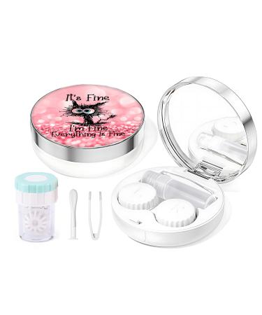 Contact Lens Travel Kit with Cleaner Washer 5 in 1 Portable Contact Box with Mirror Tweezers Remover Tool Solution Bottle for Travel Daily Outdoor Black Cat