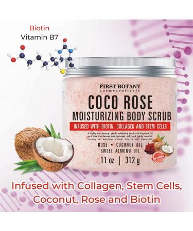 Coconut Rose Body Scrub Exfoliator with Biotin, Collagen & Stem Cells | Natural Exfoliating Salt Scrub for Moisturizing Skin, Acne, Cellulite, Wrinkles | 11 oz - Buy Online on GoSupps.com