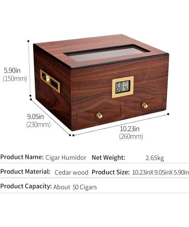 CIGARLOONG Cigar Humidor 35-50 Count Glass Top Large Capacity Cigar Box with Front Hygrometer Humidifier and Accessory Drawer(Brown) - Buy Online on GoSupps.com