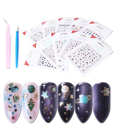 Luxury Nail Stickers Set-10 Sheets Colorful Nail Art Stickers in Different Crystal Gem Bronzing Shapes 3D Self-Adhesive Nail Decals for Nail Art DIY+1 Pcs Tweezers+1 Pcs Pressing Stick Gloup a