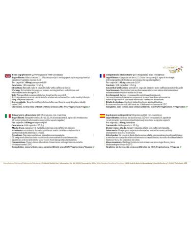 Vita World Coenzyme Q10 100mg Ubiquinone 100 Capsules High Bioavailability Made in Germany - Buy Online on GoSupps.com