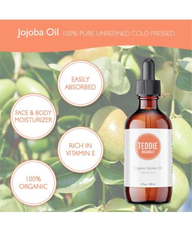 Teddie Organics Golden Jojoba Oil 100% Pure Organic Cold Pressed & Unrefined 4oz - Natural Moisturizer for Face, Hair & Sensitive Skin - Carrier Oil for Essential Oils - Buy Online on GoSupps.com