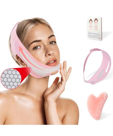 2 in 1 Double Chin Set V Line Mask-Chin Strap for Chin for Women and Gua Sha Facial Tool Double Chin Mask Updated Beauty Face Sculpting Sleep Mask Guasha Facial and Body Massager Pink