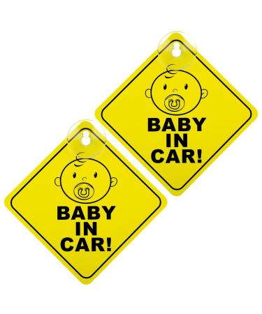 Bewudy 2 PCS Baby on Board Car Warning Sign Baby on Board Sticker Sign for Car Warning with Suction Cups Baby in Car Sticker for Car Reusable Baby on Board Sticker Yellow (Baby in Car)