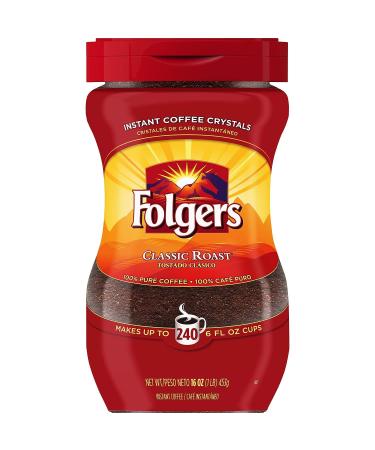 Folgers Instant Coffee Crystals, Classic Roast, 16 ounce Classic Roast 1 Pound (Pack of 1)
