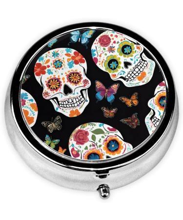 Buy Sugar Skulls Round Pill Box 3 Compartment Portable Travel Case for Vitamins & Medication | Mini Decorative Organizer - Buy Online on GoSupps.com