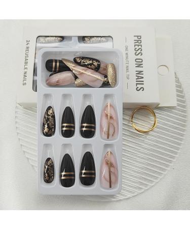 Almond Press on Nails - 24Pcs Gold Foil & Line Design | Medium Fake Nails with Champagne Glitter & Glossy Black Finish - International Shipping Available - Buy Online on GoSupps.com