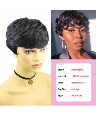 Rofa Human Hair Pixie Cut Curly Wig for Black Women - Short Black Wavy Pixie with Bangs - Buy Online on GoSupps.com