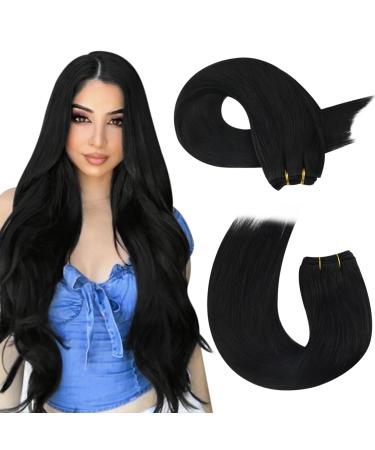 Moresoo Weft Hair Extensions Real Human Hair Black Sew in Hair Extensions Jet Black Double Weft Human Hair Extensions 100g/Pack 20 Inch #1 20 Inch(Pack of 1) WEFT #1