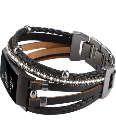 Posh Leather Band Compatible with Fitbit Charge 4/3 - Women's Boho Bracelet Wristband - Multilayer Wrap Strap Replacement - Black - Buy Online on GoSupps.com