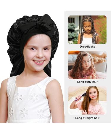 Kids Long Hair Bonnet for Sleeping - Double Layer Elastic Satin Girls Bonnet (Black) - Buy Online on GoSupps.com