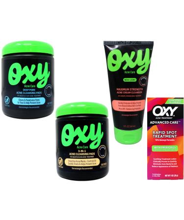 Oxy Acne Care Kit: Maximum Strength Cream Cleanser 3-in-1 Acne Cleansing Pads Deep Pore Cleansing Pads Rapid Spot Treatment for Face