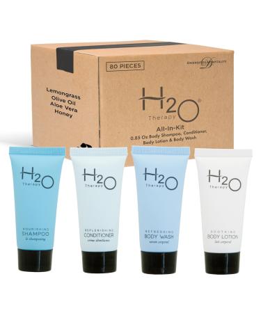 H2O Therapy Hotel Soaps and Toiletries Bulk Set | 1-Shoppe All-In-Kit Amenities for Hotels & Airbnb | .85oz Hotel Shampoo & Conditioner Body Wash & Body Lotion Travel Size | 80 Pieces