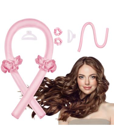 No Heat Curling Headband, No Heat Curlers for Long Hair, Curling Rod Headband to Sleep In with 2 Hair Ties and 1 Hair Clip, Soft Silk Hair Styling Tools Kit (Pink)