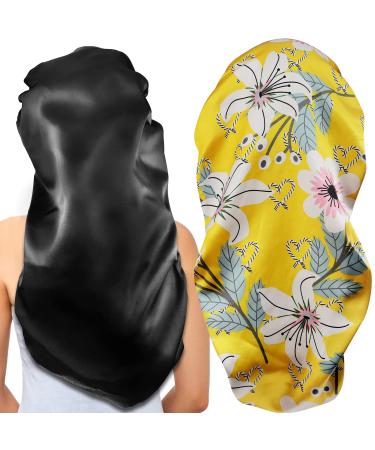 2Pcs Long Satin Bonnet Sleep Cap,Extra Large Braids Bonnets for Sleeping,Long Hair,Soft&Comfortable Elastic Band Bonnets for Women Night Sleep,Hair Bonnets for Women Satin (Black+Yellow Pattern)