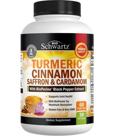 Turmeric Supplement with Saffron Cinnamon and Cardamom Plus BioPerine Black Pepper Extract for Optimal Absorption Natural Tumeric Curcumin Joint Support Supplement for Women and Men 60 Capsules - Buy Online on GoSupps.com