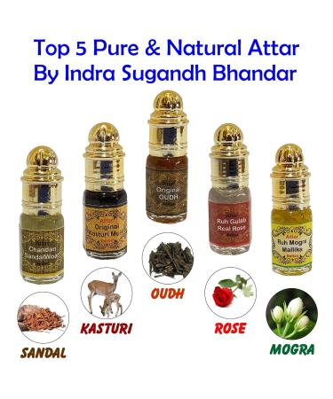 Indra Sugandh Bhandar Natural Attar Perfume Set 5 Fragrances 3ml Each Sandalwood Kasturi Oudh Rose Mogra - Buy Online on GoSupps.com