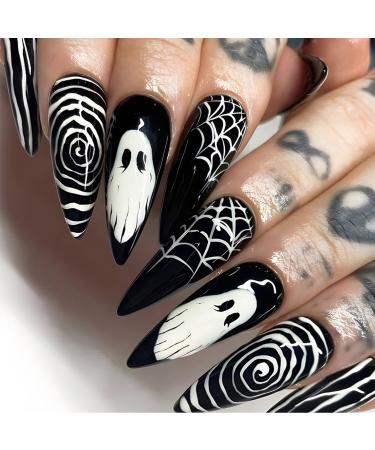 Ghost Face Press on Nails Gel Glue on Nails 24Pcs Glossy White Spider Web Acrylic Long Stiletto Halloween False Nails Whirlpool Full Cover Fake Nails Stick on Nails for Women Girls with Halloween Design 1