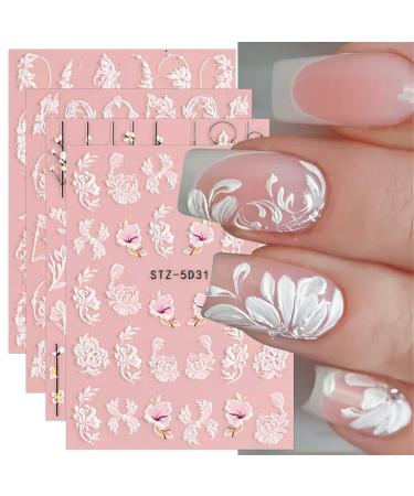 5D Spring Embossed Flower Nail Art Stickers 4 Sheets JMEOWIO Real Self-Adhesive Decals Floral Design Nail Decoration for Women Girls