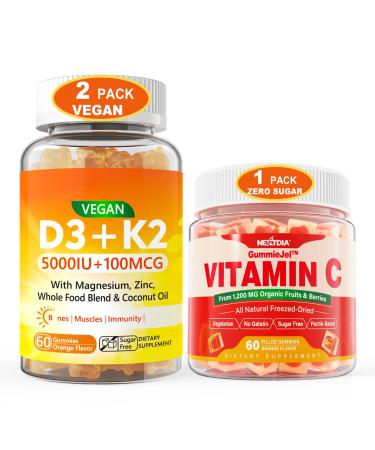 Nextdia 2 Pack Vegan Vitamin D3 5000IU K2 Gummies+ 1 Pack Whole Food Vitamin C Gummies