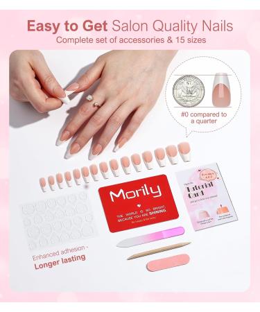 Morily Light Pink French Tip Press on Nails - 30pcs Long Coffin Reusable Fake Nails with Glossy Design 15 Sizes & Glass File - Perfect for Women - Buy Online on GoSupps.com