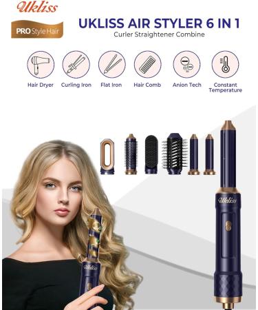 6 in 1 Air Styler Set - 2024 Negative Ion Airstyler with Warm Air Brush Curling Iron & Straightener - Perfect for Drying Smoothing Volume & Curls - Stylish Blue - Buy Online on GoSupps.com