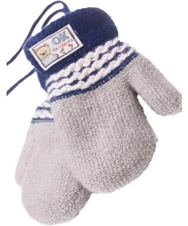Lovely Infant Toddlers Winter Mittens | Dual Layers Plush Padded Knitted Gloves for Girls & Boys 0-3 Years | Anti-Lost String | Cute Cartoon Design | Grey - Buy Online on GoSupps.com