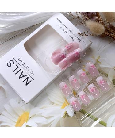 Pink Press on Nails - Medium Square Fake Nails with Flower Designs | Glossy Nude Pink Cherry Blossom - Reusable Acrylic Full Cover - 24PCS - Buy Online on GoSupps.com