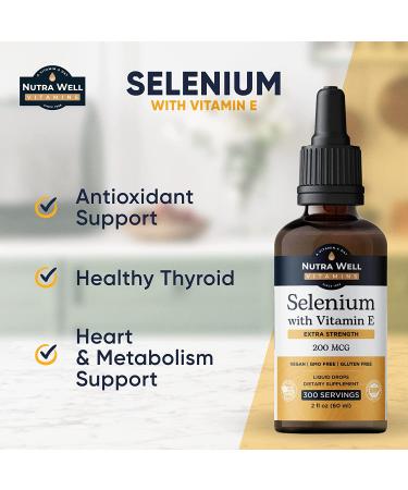 Nutra Well Vitamins Selenium 200mcg Liquid Drops with Vitamin E - Immune & Heart Support, Thyroid Health - 300 Servings - Buy Online on GoSupps.com