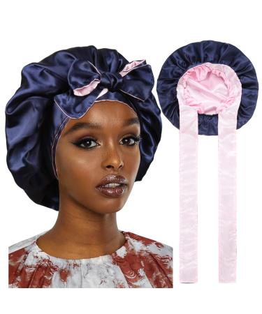 HAIMEIKANG Satin Bonnet-Silk Sleep Cap Non Slip Hair Wrap for Women Night Cap for Long/Curly Hair with Elastic Tie Band(Navy Blue+Pink) - Buy Online on GoSupps.com