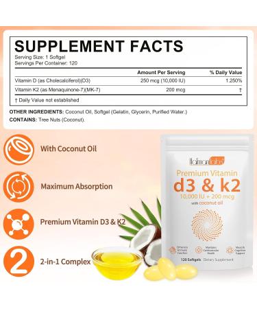 120 Count Vitamin D3& Vitamin K2 Vitamin D3 K2 Softgel (MK-7) Vegan Vitamin D3 K2 Supplement Free of GMO Gluten Soy (B) - Buy Online on GoSupps.com