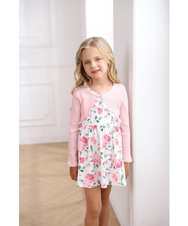 Puseky Toddler Girl Floral Dress and Cardigan Set 4-5 Years Pink - Sleeveless Dress with Ribbed Cardigan Coat - Buy Online on GoSupps.com