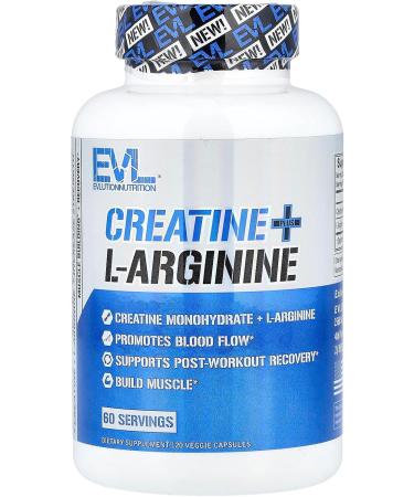 Evlution Nutrition Creatine + L-Arginine - Supports Blood Flow Post-Workout Recovery & Lean Muscle Growth - 500mg Creatine Monohydrate & 500mg L-Arginine Per Serving -60 Servings -120 Veggie Capsules - Buy Online on GoSupps.com