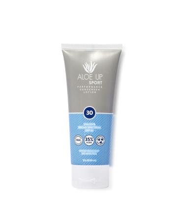 Aloe Up Sport Sunscreen Lotion SPF 30 - Broad Spectrum UVA/UVB Sunscreen Protector for Face and Body - With Hydrating Aloe Vera Gel - Non-Greasy - No White Cast - Reef Safe - Fragrance-Free - 3 Oz.