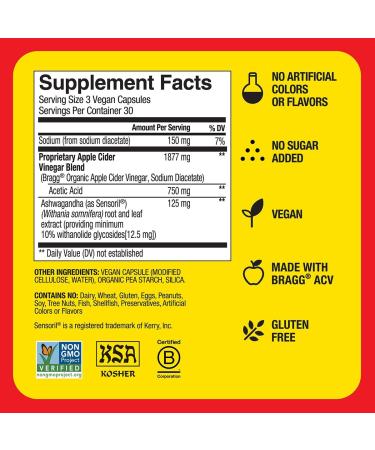 Bragg Daily Balance Apple Cider Vinegar and Sensoril Ashwagandha Capsules - 750mg of Acetic Acid Energy & Weight Management Support - (90 Pills) - Buy Online on GoSupps.com