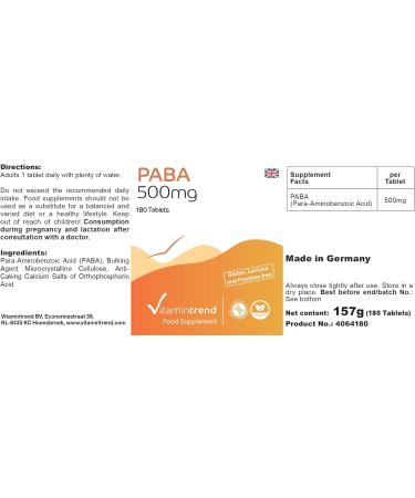 PABA 500mg - 180 Vegan Tablets | 6-Month Supply of Vitamin B10 - Para-Aminobenzoic Acid | Buy Now at Vitamintrend  - Buy Online on GoSupps.com