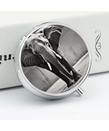 Round Black & White Elephant Print Pill Box | 3-Compartment Portable Medicine Organizer | Stylish Metal Pocket Pill Case - Buy Online on GoSupps.com
