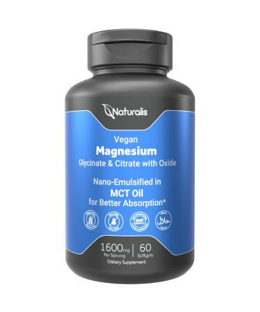 Naturalis Vegan Triple Magnesium Complex | Chelated Glycinate Citrate & Oxide 1600mg Delivers 250mg Elemental Magnesium | Easily Absorbed for Stress Muscle Heart Bone Support* | 60 Softgels 60 Count (Pack of 1)