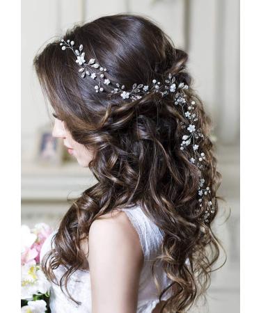 Kercisbeauty Bride Hair Accessories Crystal Hair Vine Long Headband Evening Party Prom Women Hair Piece Beaded Tiara (Silver)