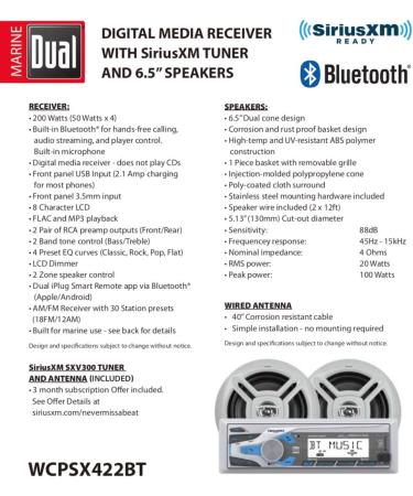 Dual Electronics Marine Stereo with Bluetooth & SiriusXM Tuner, 2 Speakers & Antenna - WCPSX422BT - Buy Online on GoSupps.com