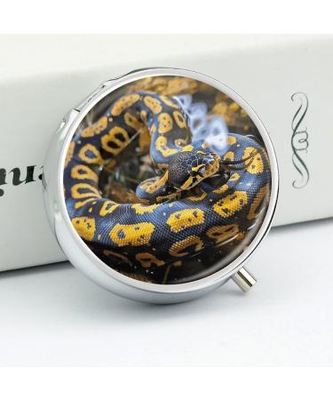 Portable Yellow & Black Python Print Pill Box - 3 Compartment Travel Organizer for Medicine - Small Round Case for Purse & Pocket - Buy Online on GoSupps.com