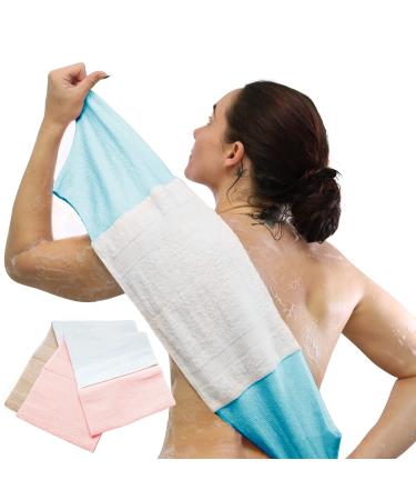 Cowan All in One Stretch Exfoliating Washcloth for Back  Face & Body - Exfoliator Shower & Bath Towel Rag Stretches 3X Size of Normal Washcloths Highly Textured Fabric to Cleanse & Rejuvenate Skin Blue