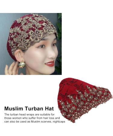 Buy Vintage Embroidered Floral Lace Muslim Turban Caps - Red Wine Stretch Head Wraps for Women | International Shipping - Buy Online on GoSupps.com