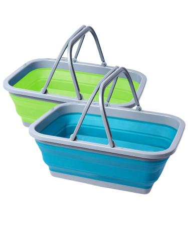 Playinyard 2 Pack Collapsible Camping Sink 2.37Gal/9L Portable Wash Basin with Handle for Camping Hiking and Home Green and Blue Blue & Green - 9l 9L