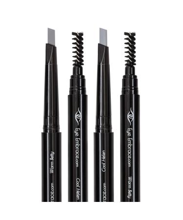 Eye Embrace Light Gray Eyebrow Pencils: Warm Betty & Cool Helen 2 Pack Bundle - Waterproof Double-Ended Automatic Angled Tip & Spoolie Brush Cruelty-Free