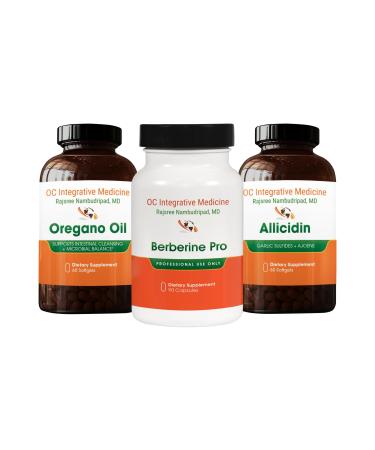 Herbal Bundle by Dr. Rajsree Oregano Oil 60 Softgels Allicidin 60 Softgels and Berberine Pro 90 Capsules