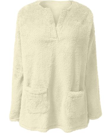 AMhomely Ladies Soft Teddy Fleece Hooded Jumper - Plus Size Double Fleece Hoodie with Pocket - V Neck Pullover Top - Winter Lounge Wear - Beige XXL - Buy Online on GoSupps.com